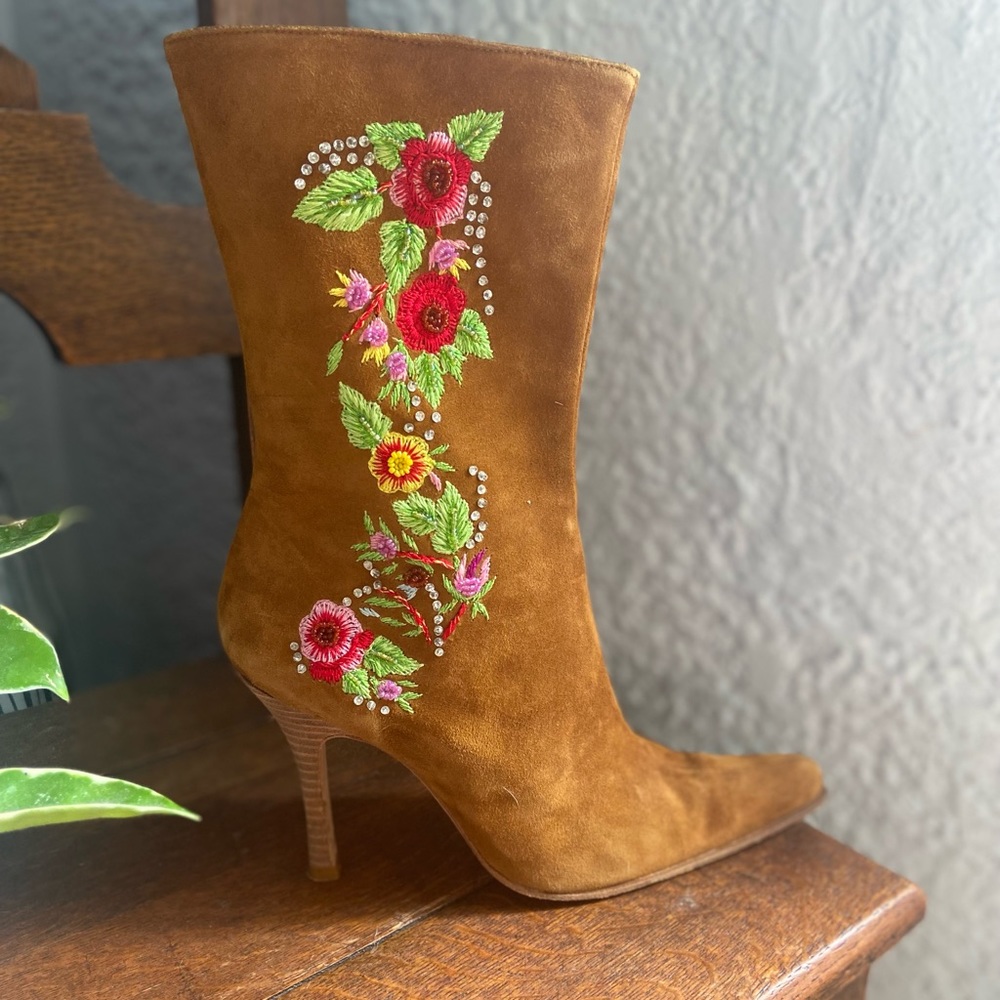 Arleen C Carmel Suede Boots with Embroidery